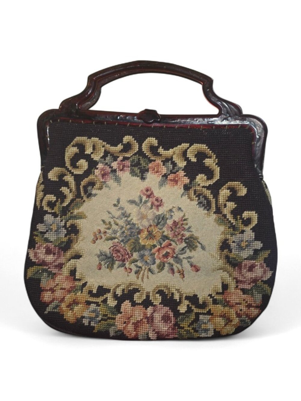 Vintage Needlepoint Floral Bag Petit Point Retro